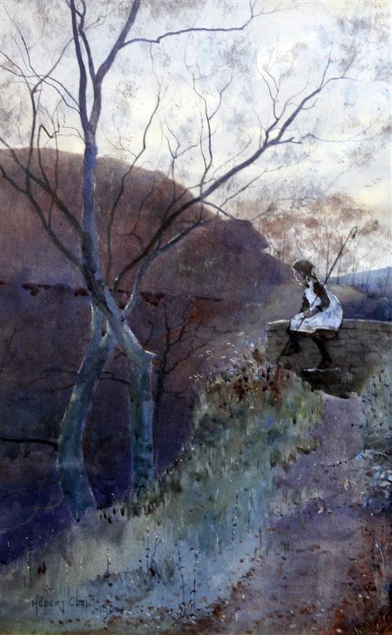 Hubert Coop (1872-1953) Shepherd girl beside a river, 20 x 13in.